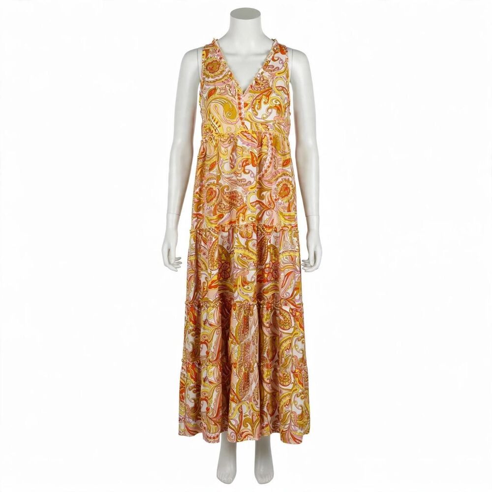 Suzanne Betro Paisley Sleeveless Tiered Boho Hippie Maxi Retro Dress Size M